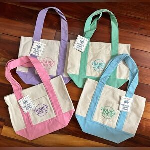 NWT. Trader Joe’s Mini Canvas Tote Bags - Pastel - Mint, Pink, Lavender, Blue
